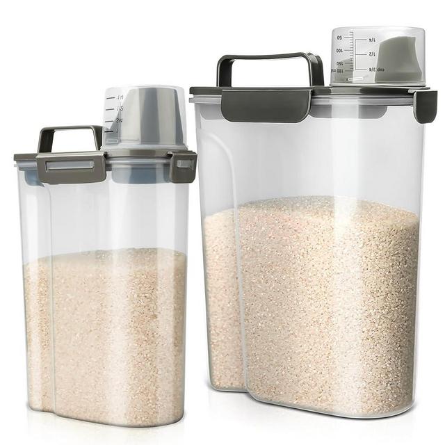 Viretec Rice Storage Container, 5 to 10lb Dry Food Airtight Dispenser, Pet Dog Cat Food Canister, BPA Free Clear Plastic Kitchen and Pantry Bin for Oatmeal, Cereal, Pasta, Flour Pack of 2 Grey