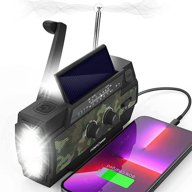 FosPower 4000mAh NOAA Emergency Weather Radio (Model A3) Portable Power Bank w/Solar Charging, Hand Crank & Battery Operated, SOS Alarm, Motion Sensor Setting, AM/FM & Flashlight for Emergency - Camo