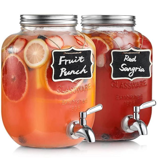 1-Gallon Glass Beverage Drink Dispenser (Set of 2) with 18/8 Stainless Steel Spigot - Wide Mouth Easy Filling - Mason Jar Drink Dispensers with Lids, Wooden Chalkboards - 100% Leakproof