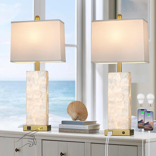 luxeflow 28" Coastal Table Lamps for Living Room Set of 2, Bedside Lamps with Night Light, USB A+C Ports, Modern Sea Shell Bedside Night Stands Light for Beachy Cottage Decor (Gold)
