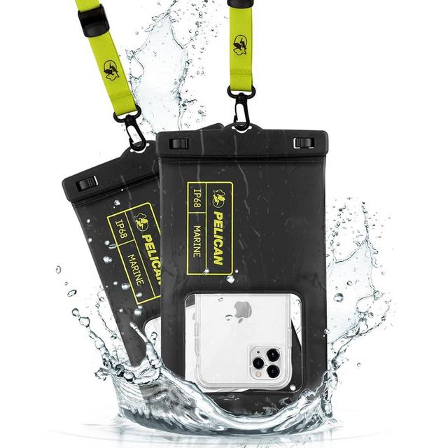 Pelican 2 Pack Marine - IP68 Waterproof Phone Pouch (XL Size) - Floating Waterproof Phone Case - iPhone 15 Pro Max/ 14 Pro Max/ 13 Pro Max/ 12/ S23 Ultra - Detachable Lanyard - Black / Hi-Vis Yellow