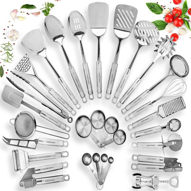 HOME HERO Stainless Steel Kitchen Utensil Set - 29 Cooking Utensils - Nonstick Kitchen Utensils Cookware Set with Spatula - Best Kitchen Gadgets Kitchen Tool Set Gift