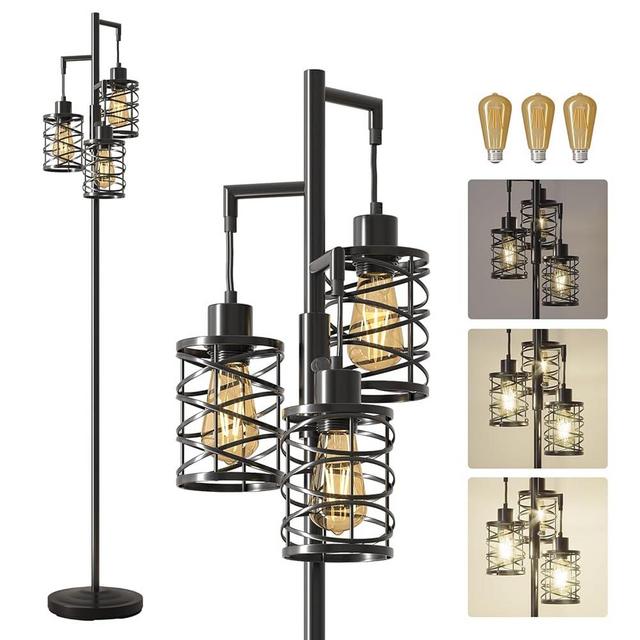 Oneach 68" Industrial Floor Lamp, Stepless Dimmable Standing Lamp with 3 Bulbs, Farmhouse Corner Standing Tree Lamp for Living Room, Tall Lamps for Bedroom, Office, Study Room, Dining Room, Black