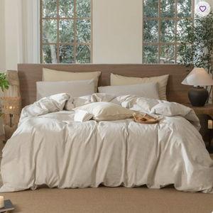 MooMee Striped Duvet Cover Set 100% Washed Cotton Linen Like Textured - Pinstripes - Tannish Linen Gray/White, Queen Duvet Cover + 2 Standard Pillowcases