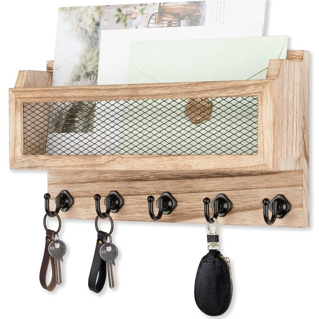 Nekon Mail and Key Holder for Wall Decorative, 11 Inch Wooden Wall Key Organizer with 5 Key Hooks, Wall Mount Storage Shelf for Entryway Hallway (Wood)