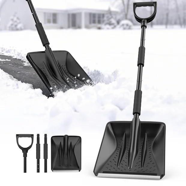 Snow Shovel, Snow Shovel for Driveway with Assist D-Handle and 11-Inch Blade, 42-Inch Adjustable Portable Survival Shovel for Driveway, Cars, Snowmobiles, Camping and Emergency (BlackB)