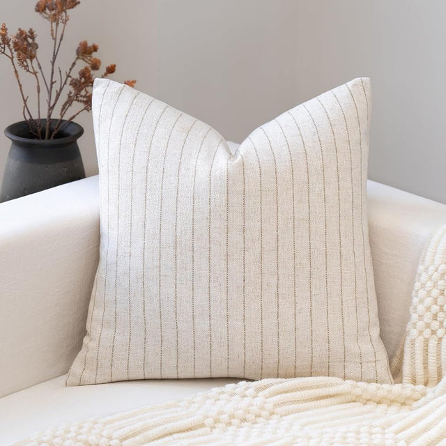 FIOUOVO Decorative Neutral Throw Pillow Covers 24x24 Farmhouse Pillow Covers Cotton Stripe Cushion Covers Home Decor for Sofa Couch Living Room Bedroom 1PC, Pinstripe