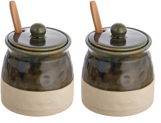 Creative Co-Op Black Stoneware Sugar Pot with Lid and Wood Spoon (Pack of 2)