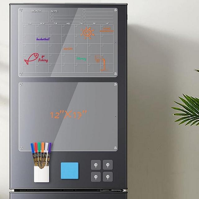 FAZHENWJ 2-Pack Clear Acrylic Magnetic Fridge Calendar Set with Nano Coating- Reusable Dry Erase Boards (17"x12") with 6 Dry Erase Bright Markers for Organized Planning and Scheduling