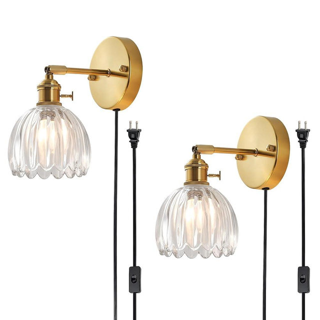 BinoBro Plug in and Hardwired Wall Sconces, Luxury Vintage Tulip Crystal Glass Shade Wall Light with Switch for Bedside Bedroom Living Room (Tulip-Clear, 2)