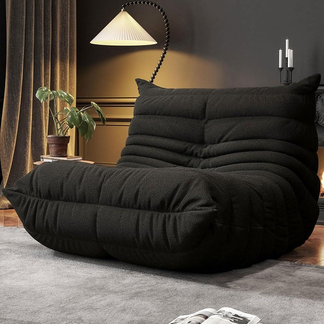 Bean Bag Chairs for Adults, Memory Foam Couch Single Sofa Chair, Soft Teddy Material Cozy Comfy Reading Nook Chairs, Floor Chair for Living Room Bedroom Office (Black)