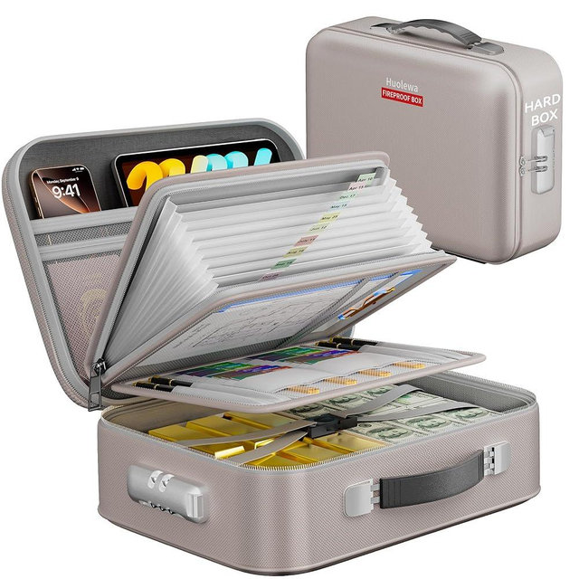 Fireproof Document Box, Hard Case Fireproof Box with Lock, Portable Hard-Shell Fireproof Water Resistant Document Safe for Important Documents, Laptops, Passports, Files and More (Gray)