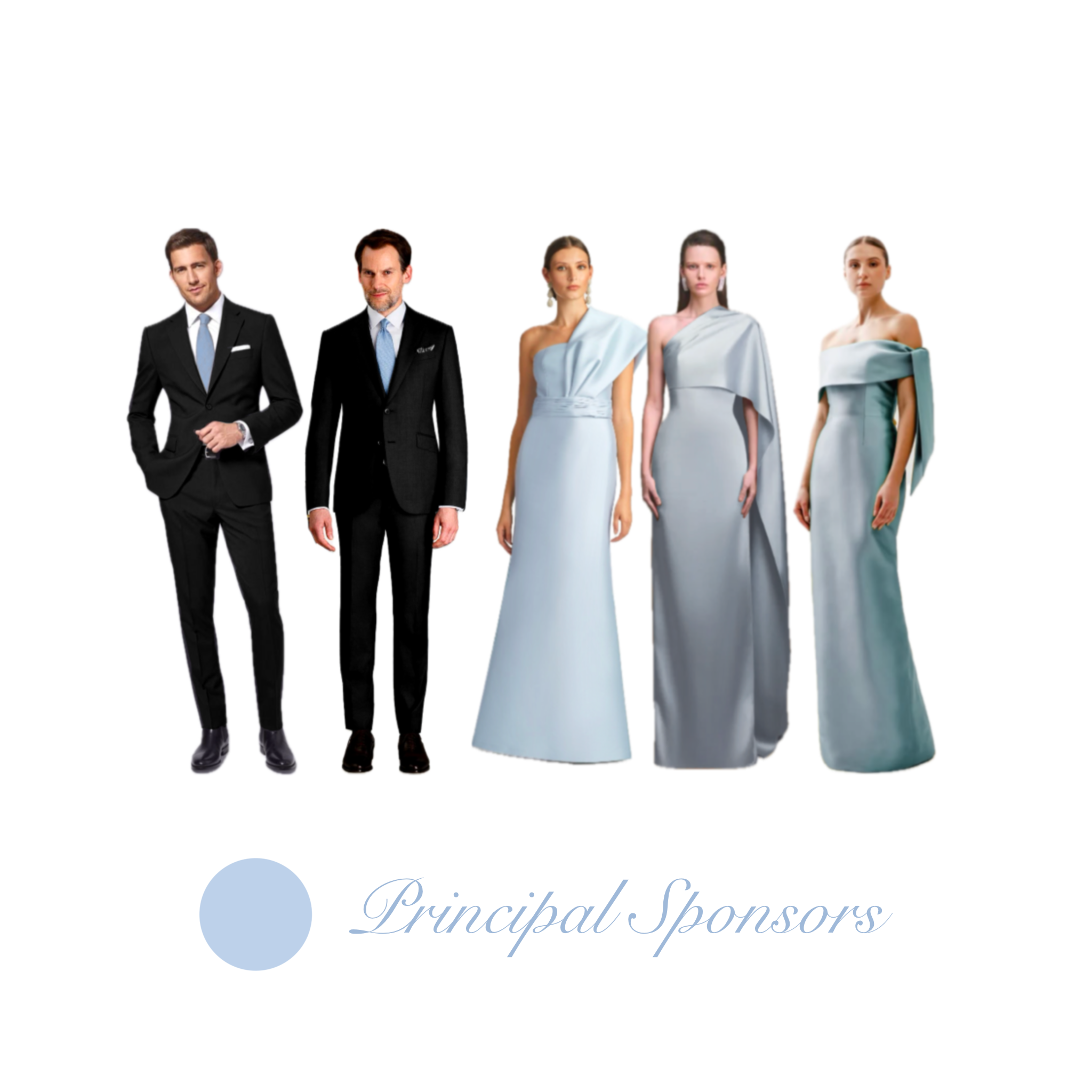 For our Ninongs: Classic black suit with a white dress shirt & pastel blue tie. For our Ninangs: Soft Pastel blue gowns with clean, elegant silhouettes. Subtle embellishhments are welcome!