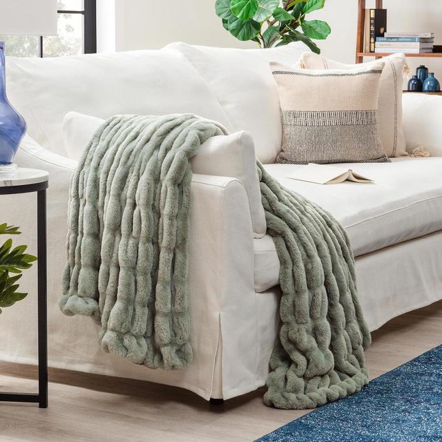 Chanasya Ruched Faux Fur Throw Blanket - Reversible Mink Blanket - 50" x 65” - Tan Sage