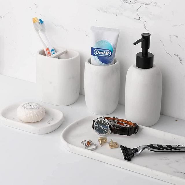 FoverOne Bathroom Accessories Set, 5 Pcs Countertop Resin Vanity Accessories Set Complete with Tumbler, Toothbrush & Toothpaste Holder, Lotion Dispenser, Vanity Tray, and Soap Dish - Marble White