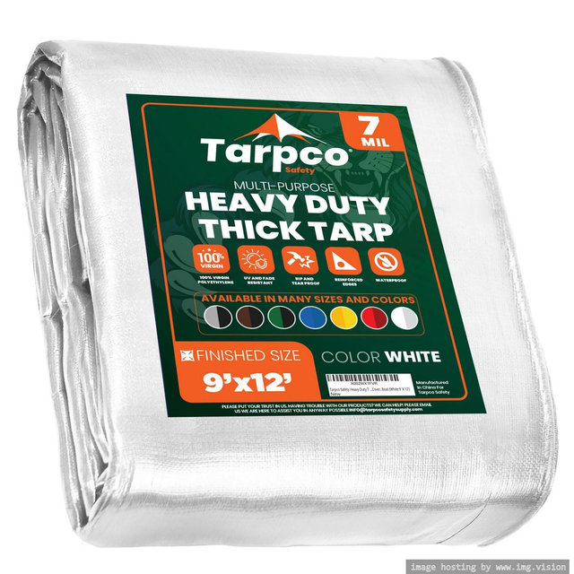 Tarpco Safety 108'' X 144'' Heavy Duty 7 Mil Tarp Cover, UV Resistant, Rip Proof, White, Poly Tarpaulin, for Roof, Camping, Patio, Pool, Boat