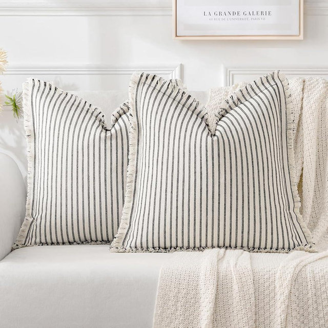 MIULEE Pack of 2 Black Pillow Covers 20x20 Inch Striped Farmhouse Couch Throw Pillow Covers with Fringe Chic Linen Decorative Cushion Covers for Sofa Living Room Bed Outdoor Home Decor