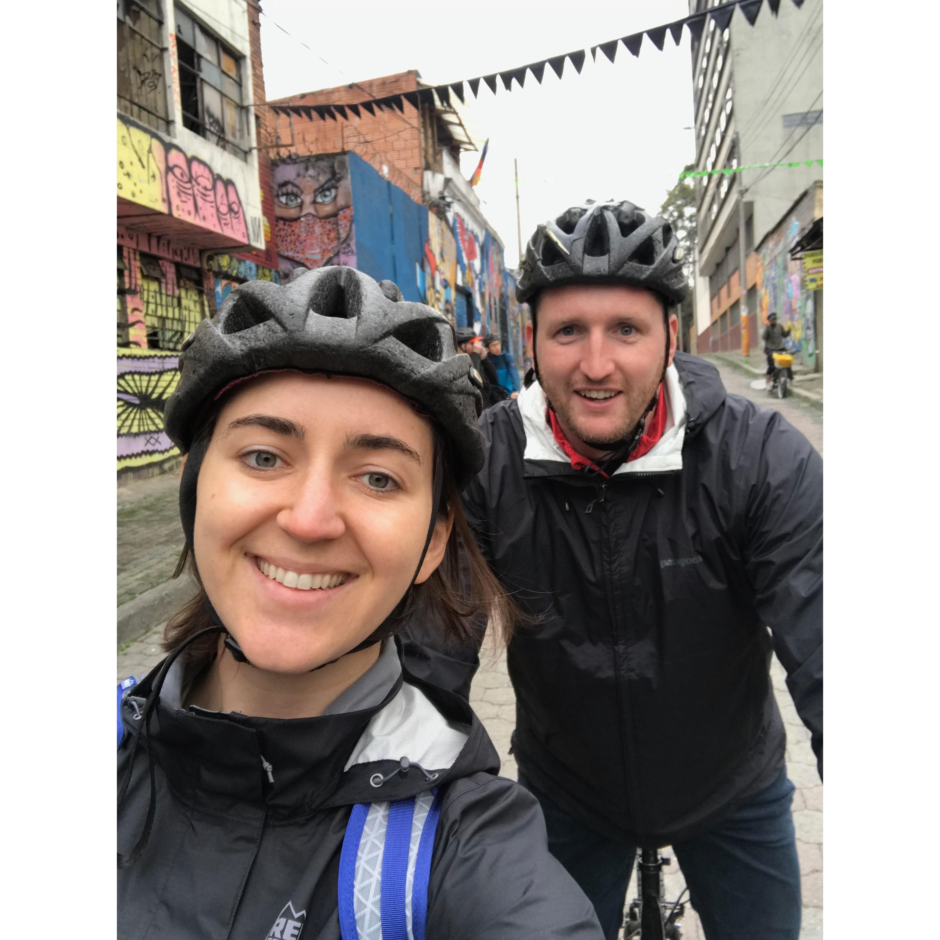 Nothing looks as good as safety, folks! On a graffiti bike tour in Bogota, Colombia, May 2019.