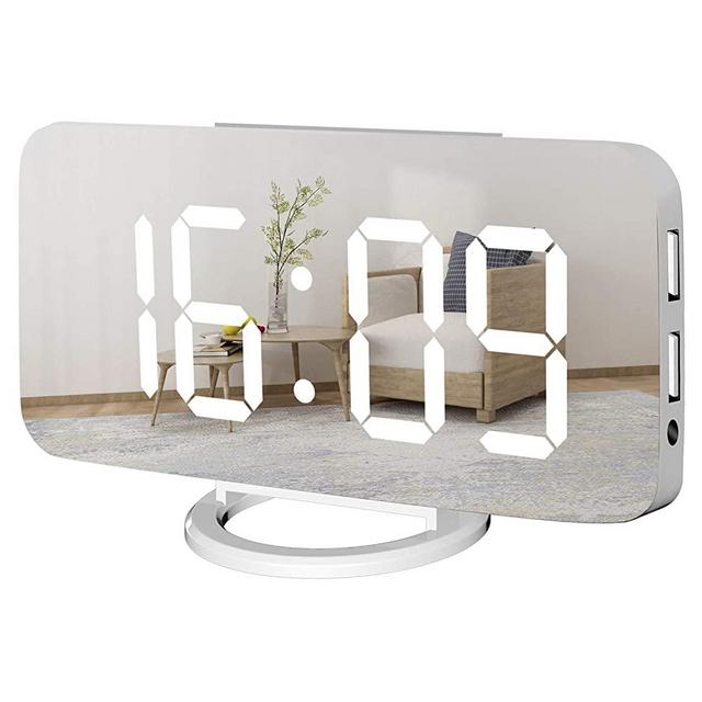 WulaWindy Digital Alarm Clock, Large Mirrored LED Display, with USB Charger, Snooze Function Dim Mode Wall Hanging Beside Desk Clock for Bedroom