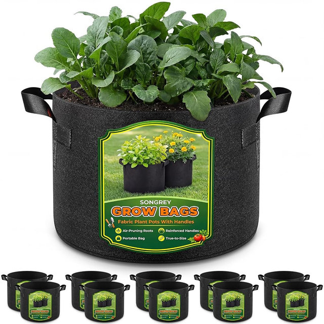 Songrey 10-Pack 10 Gallon Grow Bags, Thickened Nonwoven Fabric Pots with Handles, Heavy Duty Garden Planter for Tomato, Vegetables and Flower