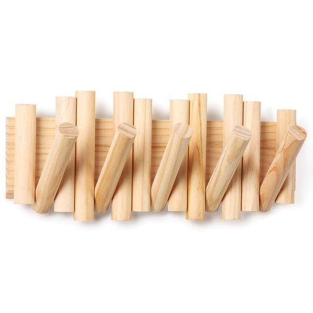 zQSFP Coat Rack Wall Mount with 5 Foldable Hooks: Space-Saving Natural Wood Storage Organizer for Entryway, Bedroom, or Office – Sleek Design, Easy Installation (Natural)