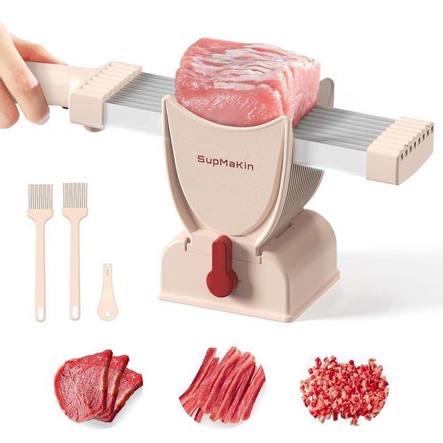 Meat Slicer for Fresh Raw Meat, Thickness Adjustable 2 or 4 mm, 17 IN 1 Stainless Steel Cleaver Kitchen Knife, Manual Meat Cutter for Beef Pork Salmon, Not Suit for Frozen or Deil Meat (Pink)