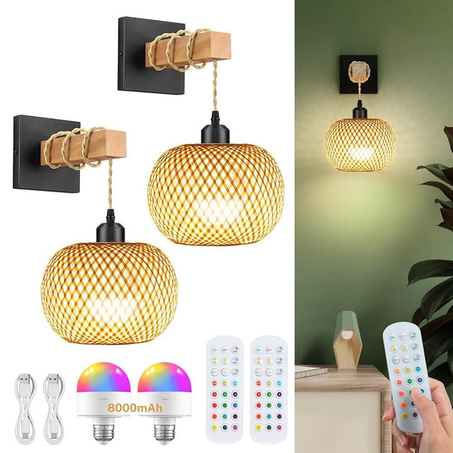 Glitnous Battery Operated Wall Sconce with Remote Set of 2, Rechargeable Rattan Wall Sconces with 8000mAh Bulbs, Woven Bamboo Wall Light/Lamp Boho Wall Sconce for Bedroom (Black)