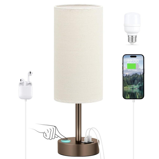 Beige Touch Table Lamp for Bedroom - 3 Way Dimmable Bedside Lamp with USB, Nightstand Lamp with Brown Charging Station for Desk, Dorm, Office