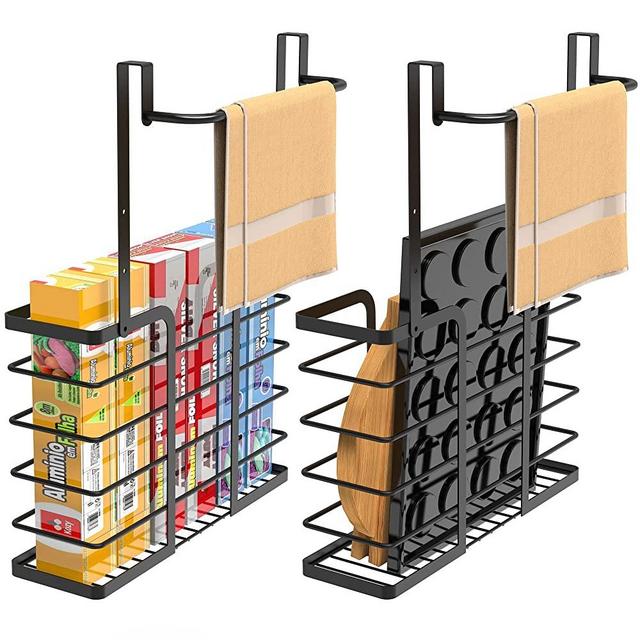 KEGII 2 Pack Cabinet Door Organizer, Kitchen Cutting Board Organizer with Towel Bar, Over Cabinet Door Storage for Foil, Plastic Wrap, Baking Sheet, Black