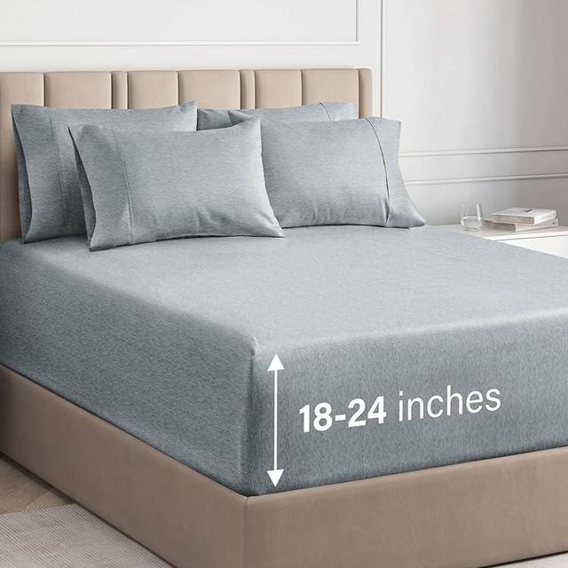 Extra Deep King Sheet Set - 6 Piece Breathable & Cooling Sheets - Hotel Luxury Bed Sheets Set - Easy Fit - Soft, Wrinkle Free & Comfy Sheets Set - Heathered Blue Sheet Set w/Extra Deep Pockets