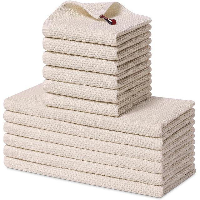 Homaxy 100% Cotton Kitchen Towels and Dishcloths Set, 12 x 12 Inches and 13 x 28 Inches, Set of 12 Bulk Kitchen Towels Set, Ultra Soft Absorbent Dish Towels for Washing Dishes, Beige