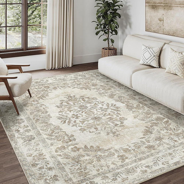 PureCozy Vintage Area Rug 5x7 Beige Washable Distressed Carpet Large Living Room Bedroom Indoor Medallion Floral Non Slip Retro Throw Floor Mat for Office Dining Room Kitchen Bathroom