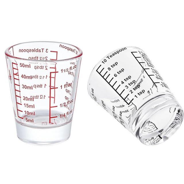 Ackers Mini Measure Heavy Glass, 32-Incremental Measurements Multi-Purpose Liquid and Dry Measuring Shot Glass, Red and Black