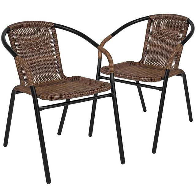 EMMA + OLIVER Patio Wicker Rattan Chair, Set of 2 Round Back Patio Dining Chairs. Stylish Look and Commercial Grade Construction Outdoor Deck Chair with 352 lb Weight Capacity, Medium Brown.