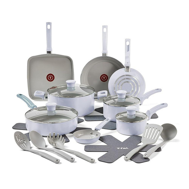 T-fal Refresh Ceramic, Ceramic Non Stick Cookware Set 20 Piece, Oven Broiler Safe 350F, Kitchen Set w/Egg Pan, Frying Pans, Saucepans, Griddle, Sautepan, Dutch Oven, Lids & Utensils, Pots, Pans, Blue