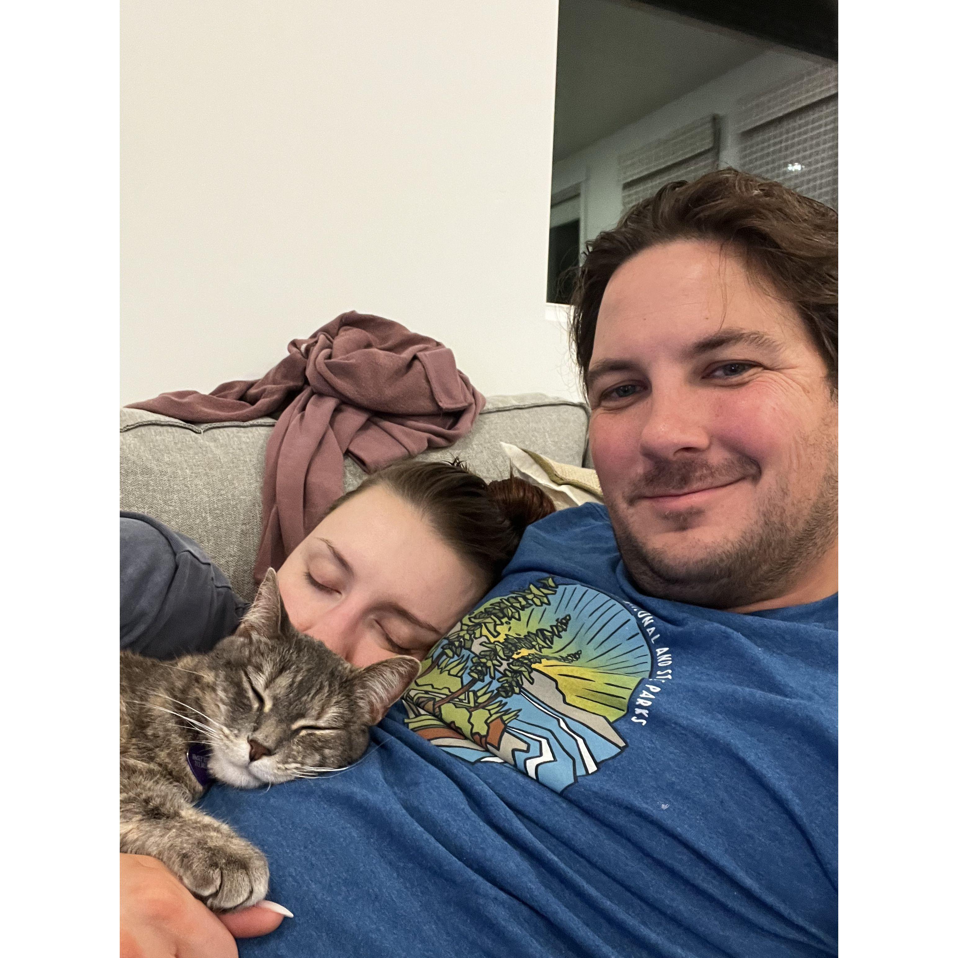 Emily and Nova often fall asleep on Chris. This is a normal occurrence.