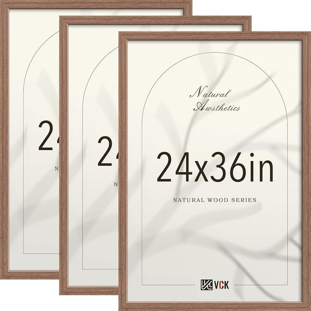 VCK 24x36 Poster Frame 3 Pack - Walnut Solid Wood, Exclusive Wood Grain Picture Frames, Wall Hanging