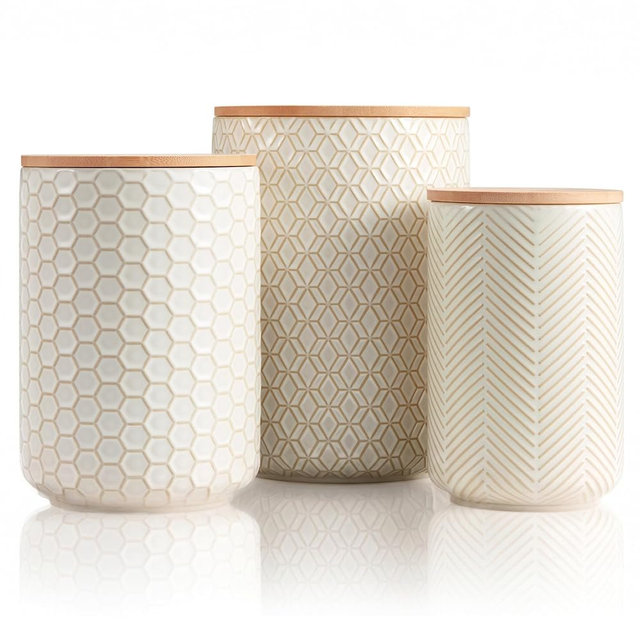 Kook Ceramic Storage Containers, Embossed Pantry & Bathroom Canisters with Airtight Bamboo Lids, Dishwasher Safe Stoneware Jars (40, 65, 100 oz), Set of 3, Narbonne Collection (Ivory)