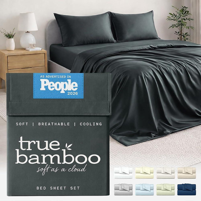 TRUE BAMBOO Sheets Set King Size - Silky Soft & Naturally Cooling for Hot Sleepers - Luxe 4 Piece Bed Sheets with Breathable & Moisture-Wicking Fabric - 16" Deep Pocket with Corner Straps, Dark Gray