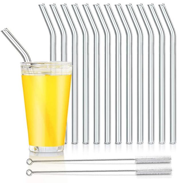Reusable Glass Straws, Reusable Bent Glass Drinking Straws with 2 Cleaning Brushes, Reusable Straws for Smoothies, Milkshakes, Juice(Clear, 12 Pack)