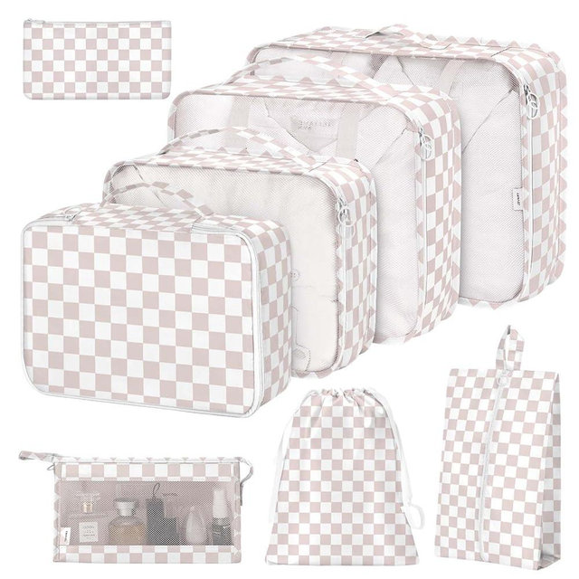 8 Set Packing Cubes for Suitcases, Packing Cubes with Shoe, Cosmetics, Clothing, Accessories Bags for Travel Luggage Organizer Women Men(Light Pink Checkered)