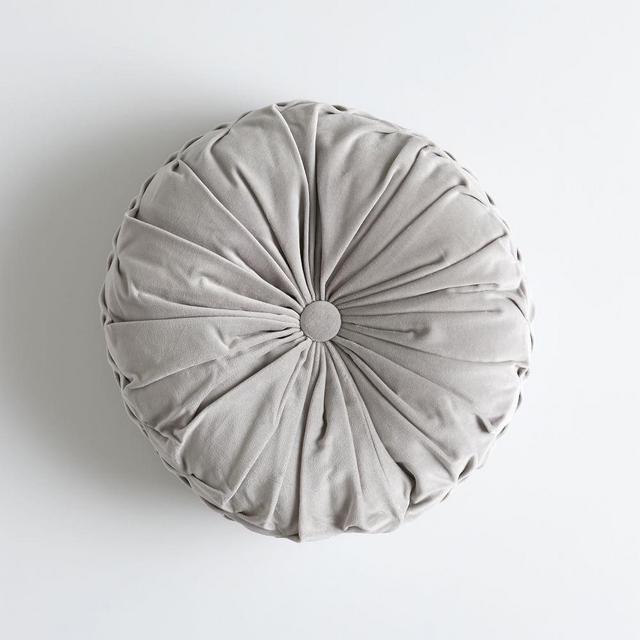 Velvet Pleated Round Pillow, 14", Light Gray