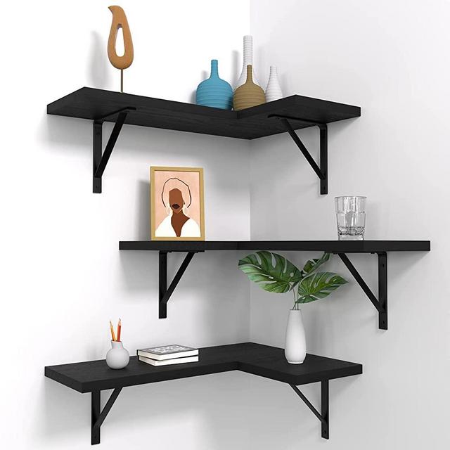 Floating Corner Shelves Set of 3, Corner Shelves Wall Mounted, Floating Shelves for Bedroom Kitchen Living Room Bathroom Office- Gothic Style (Black)