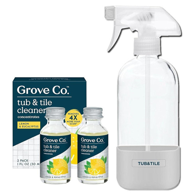 Grove Co. Tub and Tile Cleaner Refill Concentrate (2 x 1 Fl Oz) + 1 x Reusable Glass Spray Bottle (16 Oz) Plant-Based Cleaning Supplies Bundle, No Plastic Waste, 100% Natural Lemon & Eucalyptus Scent