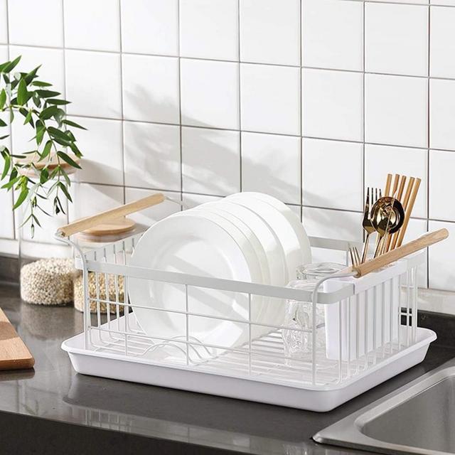 BRIAN & DANY Kitchen Dish Drainer, Large Drying Rack with Full-Mesh Storage Basket, Wooden Handle, Removable Plastic Cutlery Tray, 18.8" x 11.6" x 7.6"