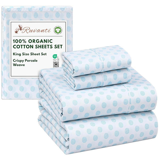 RUVANTI 100% Organic Cotton Sheets King Size, Percale Weave, GOTS Certified, 4-Piece Set, Deep Pocket 15", Crisp & Breathable, Soft Durable Bedding, Sábanas Algodón Orgánico – Circle Imprint