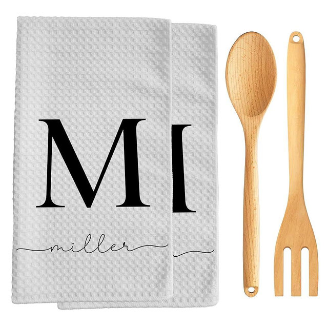 Custom Name Kitchen Towel | Personalized Tea Towel | Family Monogram Dish Towel | Farmhouse Decor | Hand Towel | Microfiber Dishcloth Gift (2 Towels + 2 Utensils)