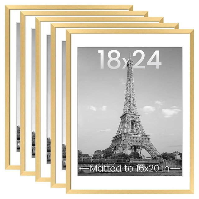 upsimples 18x24 Picture Frame Set of 5, Display Pictures 16x20 with Mat or 18x24 Without Mat, Wall Gallery Photo Frames, Gold