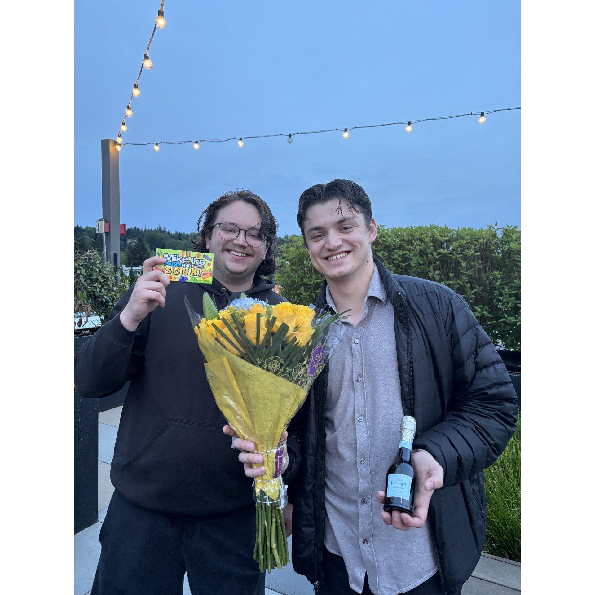 Lukas and Jake arriving to The Emma's engagement party with gifts in hand!