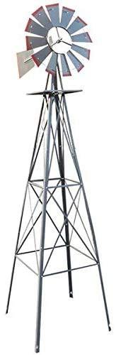 ARTETHYS 8FT Ornamental Wind Mill Yard Windmills with Red Tips Metal Windmill Weather Vane Weather Resistant (Silver)